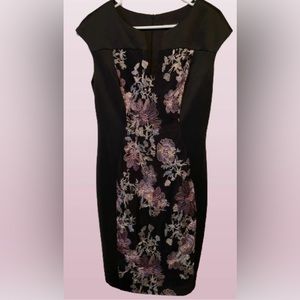Beautiful dressy black/pink floral knee dress, all black on the back with zipper